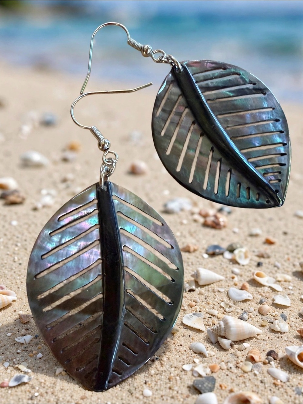 Carved Black-lip Mother of Pearl Leaf Earrings